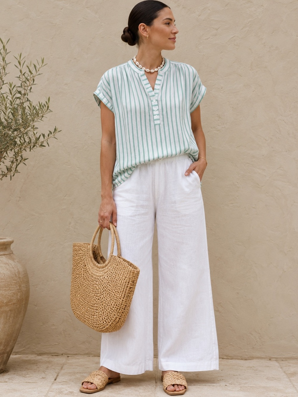 Vintage 90s Mint Green Striped Blouse Minimalist Button Front Top Size 42